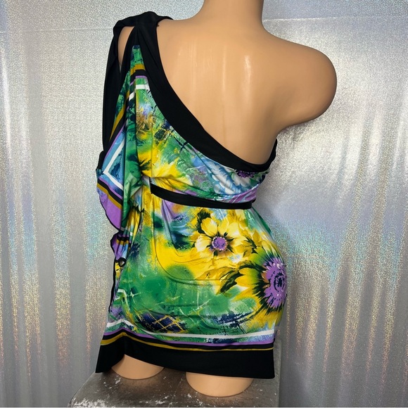 Entry blouse tie at waist one shoulder bay wing belted open shoulder floral top - Picture 3 of 13